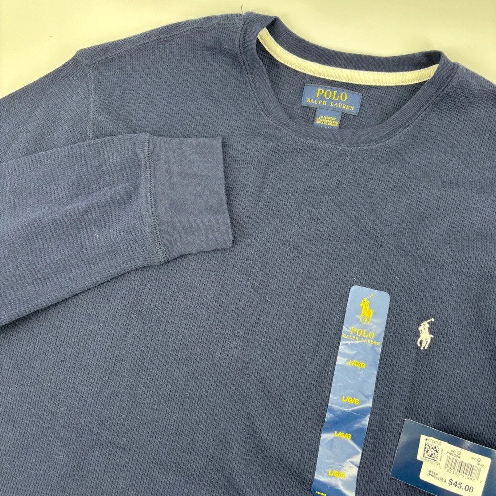 Polo Ralph Lauren Waffle Knit Thermal Mens Large Navy Blue‎ NEW Long Sleeve Top